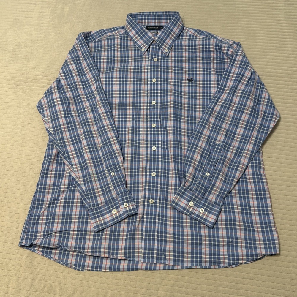 Southern Marsh Performance Dress Shirt Mens XL Blue Pink Plaid Button Down